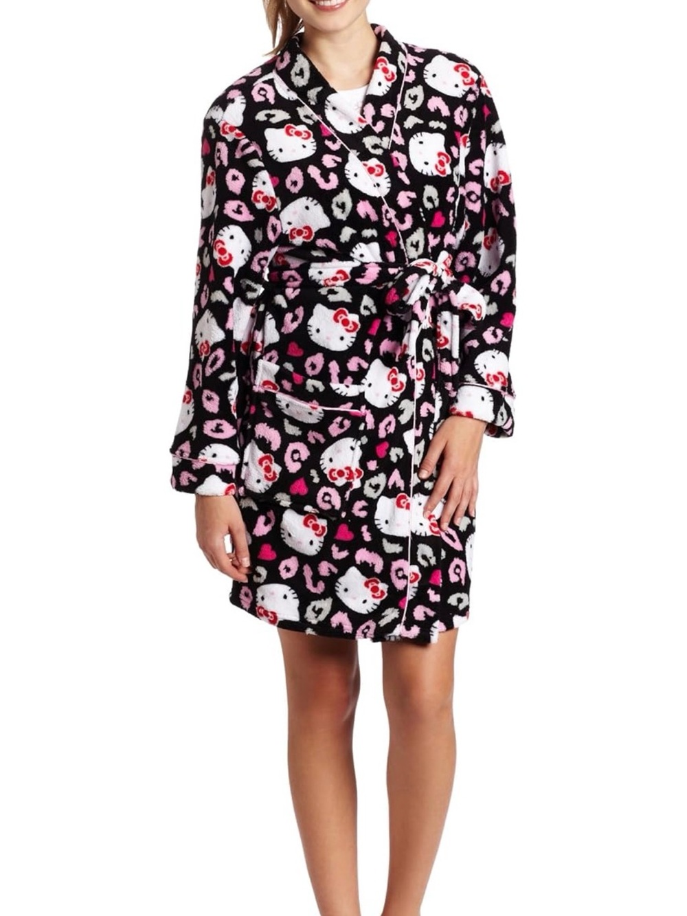 Hello Kitty Black Plush Robe with Pink and White Accents